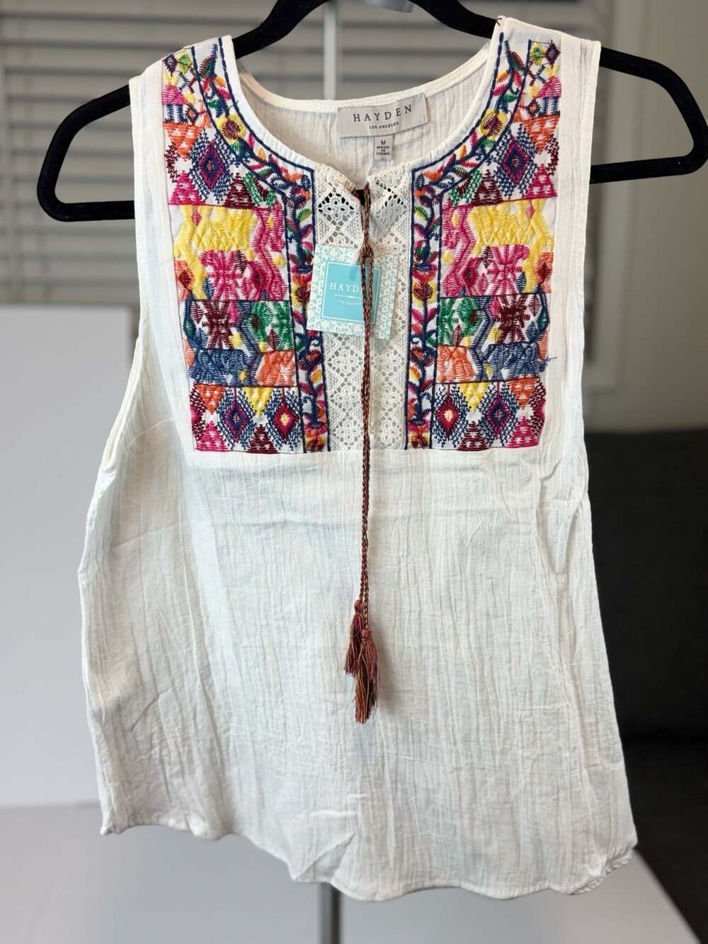 Hayden Los Angeles Women's Sleeveless Embroidered Boho Tank Top with Tassels